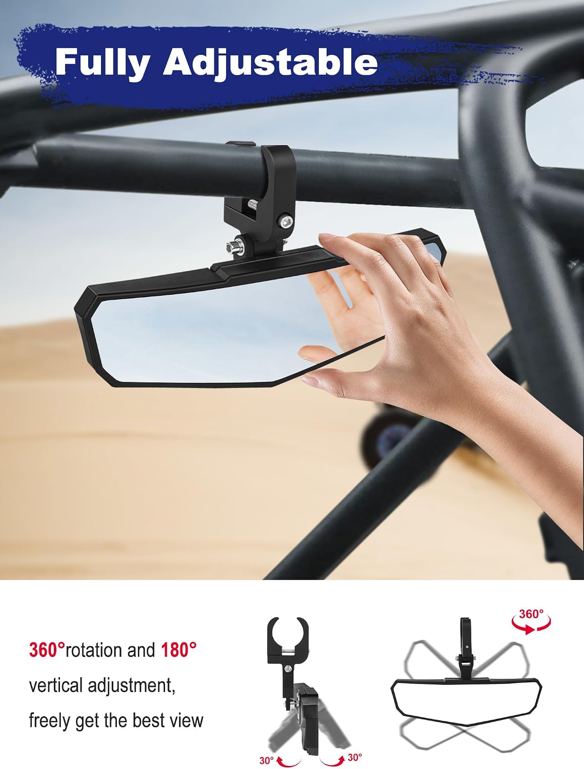 Black UTV Rear View Mirror, Adjustable Center Rearview Mirror with Aluminum Clamp Fit for Roll Bar, Compatible with Polaris RZR, Pioneer, Talon, Can Am X3, Kawasaki, CFMOTO